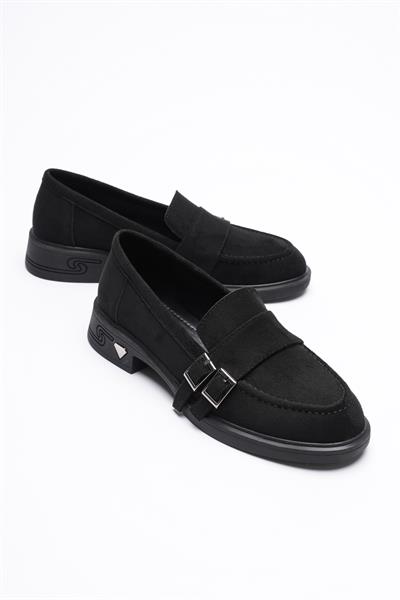 Kadın Süet Loafer Platin Tokalı Siyah Viva