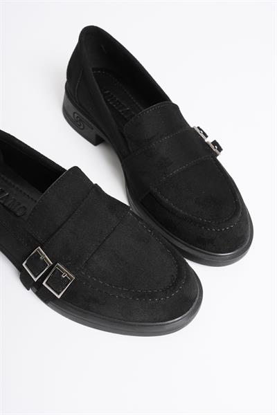 Kadın Süet Loafer Platin Tokalı Siyah Viva