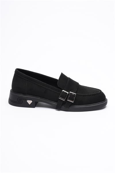 Kadın Süet Loafer Platin Tokalı Siyah Viva