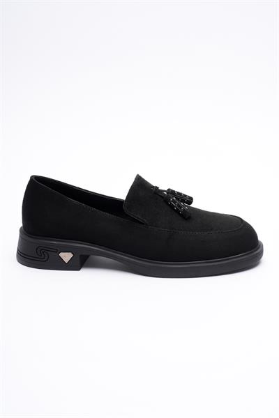 Kadın Süet Loafer Püsküllü Siyah Riva