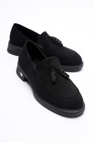 Kadın Süet Loafer Püsküllü Siyah Riva