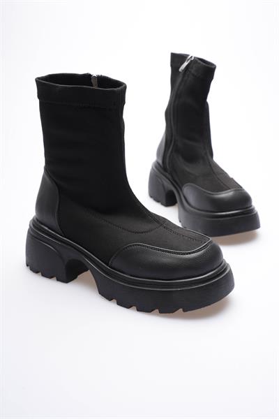 Kadın Süet Streç Bot Kalın Tabanlı Fermuarlı Siyah Zerra