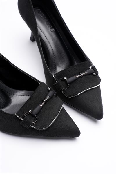 Kadın Süet Topuklu Ayakkabı 6.5 cm Sivri Burunlu  Taş Detaylı Siyah Meriva