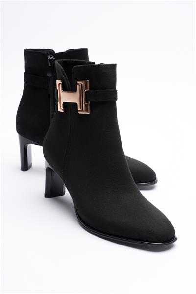 Kadın Süet Topuklu Bot 6.5 cm Fermuarlı Gold Tokalı Siyah Hermina