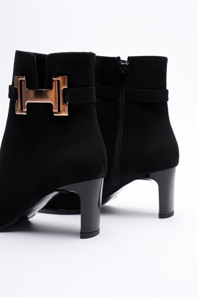 Kadın Süet Topuklu Bot 6.5 cm Fermuarlı Gold Tokalı Siyah Hermina