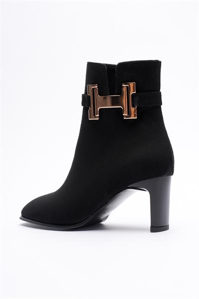 Kadın Süet Topuklu Bot 6.5 cm Fermuarlı Gold Tokalı Siyah Hermina