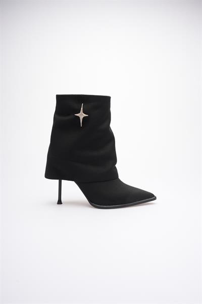Kadın Süet Topuklu Bot Yıldız Aksesuarlı Fermuarlı Siyah Astrella