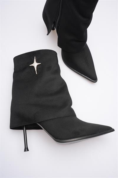 Kadın Süet Topuklu Bot Yıldız Aksesuarlı Fermuarlı Siyah Astrella