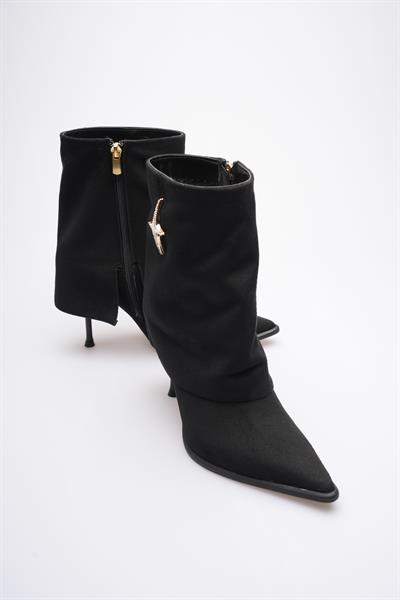 Kadın Süet Topuklu Bot Yıldız Aksesuarlı Fermuarlı Siyah Astrella