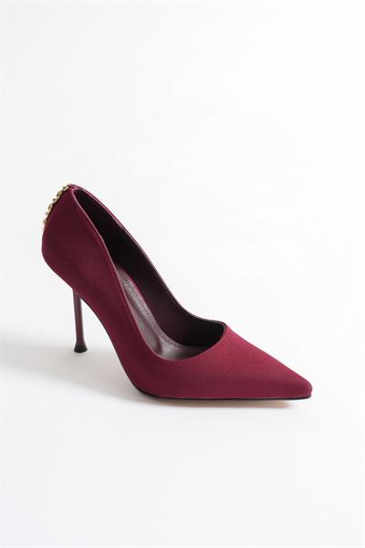Lunara Kadın Bordo Nubuk Gold Aksesuarlı Sivri Burun Yüksek İnce Topuklu Ayakkabı Stiletto (9.5 CM)