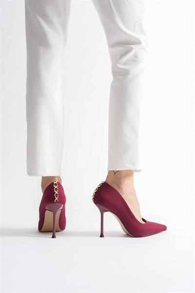 Lunara Kadın Bordo Nubuk Gold Aksesuarlı Sivri Burun Yüksek İnce Topuklu Ayakkabı Stiletto (9.5 CM)