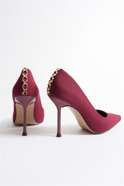 Lunara Kadın Bordo Nubuk Gold Aksesuarlı Sivri Burun Yüksek İnce Topuklu Ayakkabı Stiletto (9.5 CM)