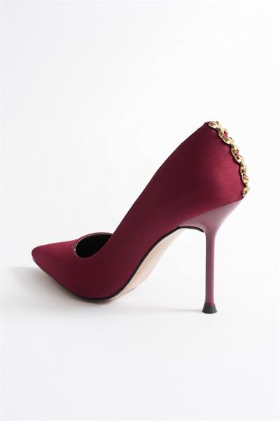 Lunara Kadın Bordo Nubuk Gold Aksesuarlı Sivri Burun Yüksek İnce Topuklu Ayakkabı Stiletto (9.5 CM)