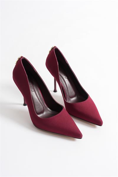 Lunara Kadın Bordo Nubuk Gold Aksesuarlı Sivri Burun Yüksek İnce Topuklu Ayakkabı Stiletto (9.5 CM)