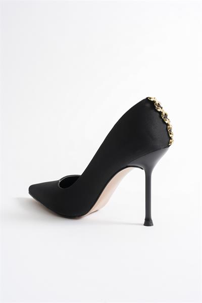 Lunara Kadın Siyah Nubuk Gold Aksesuarlı Sivri Burun Yüksek İnce Topuklu  Ayakkabı Stiletto (9.5 CM)