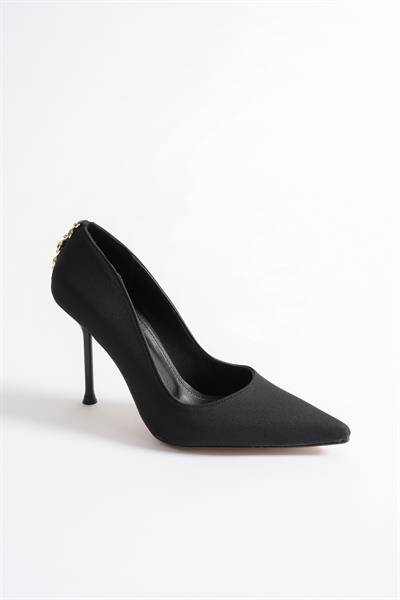 Lunara Kadın Siyah Nubuk Gold Aksesuarlı Sivri Burun Yüksek İnce Topuklu  Ayakkabı Stiletto (9.5 CM)