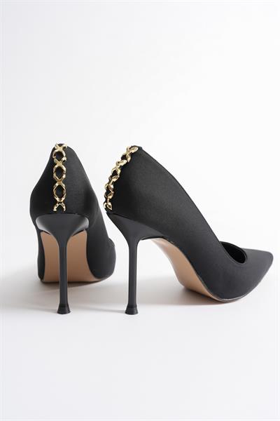 Lunara Kadın Siyah Nubuk Gold Aksesuarlı Sivri Burun Yüksek İnce Topuklu  Ayakkabı Stiletto (9.5 CM)