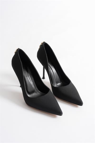 Lunara Kadın Siyah Nubuk Gold Aksesuarlı Sivri Burun Yüksek İnce Topuklu  Ayakkabı Stiletto (9.5 CM)