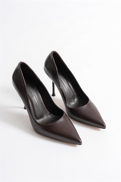 Marvella Kadın Kahve Deri Sivri Burun Yüksek İnce Topuklu Ayakkabı Stiletto (9.5 CM)