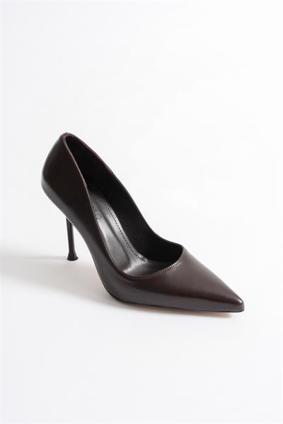 Marvella Kadın Kahve Deri Sivri Burun Yüksek İnce Topuklu Ayakkabı Stiletto (9.5 CM)