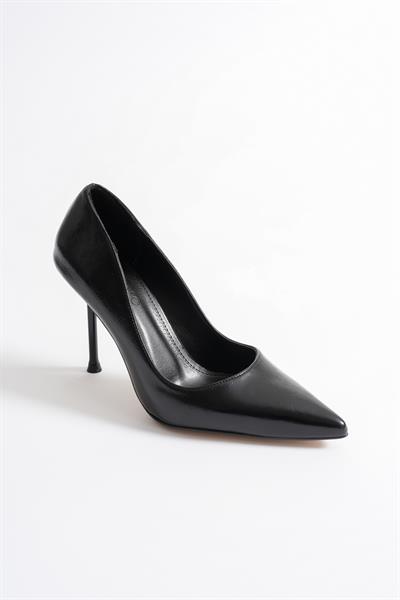 Marvella Kadın Siyah Deri Sivri Burun Yüksek İnce Topuklu Ayakkabı Stiletto (9.5 CM)