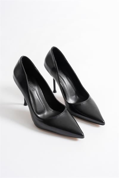 Marvella Kadın Siyah Deri Sivri Burun Yüksek İnce Topuklu Ayakkabı Stiletto (9.5 CM)