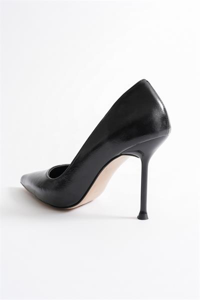 Marvella Kadın Siyah Deri Sivri Burun Yüksek İnce Topuklu Ayakkabı Stiletto (9.5 CM)