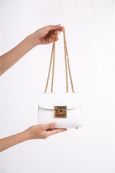 Mubiano 1130-B Kutu Form Zincir Askılı Krokodil Desen Askılı Omuz, El ve Kol Çantası