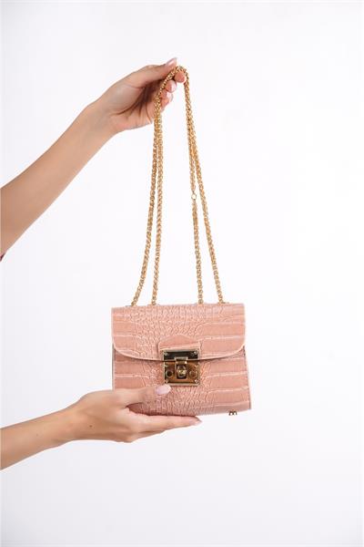 Mubiano 1130-PDR Kutu Form Zincir Askılı Krokodil Desen Askılı Omuz, El ve Kol Çantası