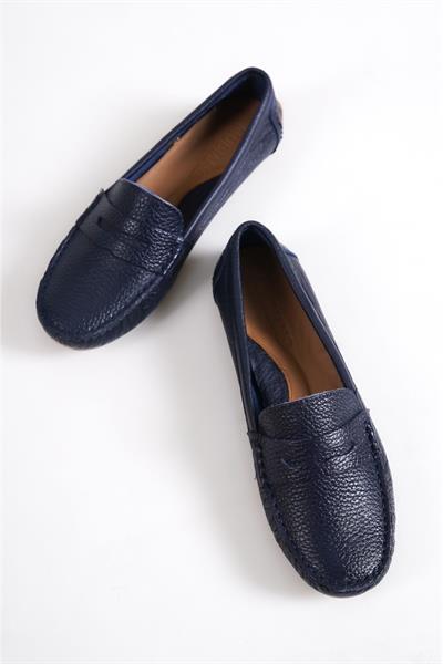 Mubiano Hakiki Deri 202-LCV Oval Burunlu Kadın Lacivert Babet & Loafer Ayakkabı