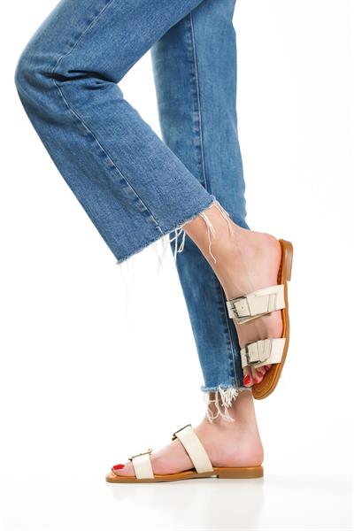 Mubiano Hakiki Deri 2027-BJ Çift Bantlı Kadın Bej Sandalet & Terlik