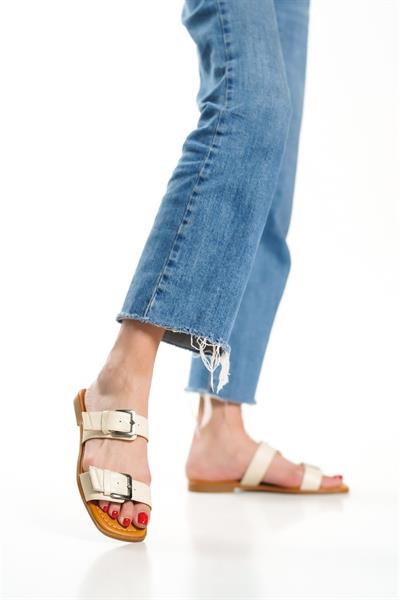 Mubiano Hakiki Deri 2027-BJ Çift Bantlı Kadın Bej Sandalet & Terlik