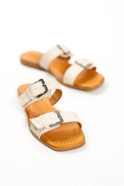 Mubiano Hakiki Deri 2027-BJ Çift Bantlı Kadın Bej Sandalet & Terlik