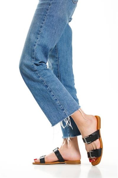 Mubiano Hakiki Deri 2027-S Çift Bantlı Kadın Siyah Sandalet & Terlik