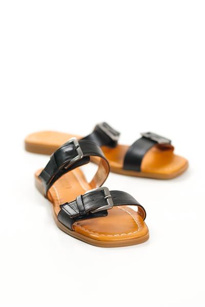 Mubiano Hakiki Deri 2027-S Çift Bantlı Kadın Siyah Sandalet & Terlik