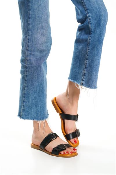 Mubiano Hakiki Deri 2027-S Çift Bantlı Kadın Siyah Sandalet & Terlik