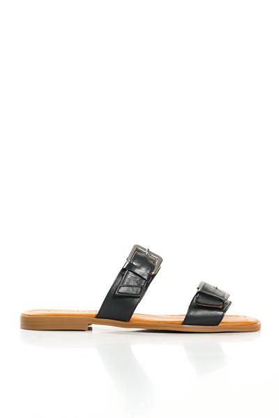 Mubiano Hakiki Deri 2027-S Çift Bantlı Kadın Siyah Sandalet & Terlik