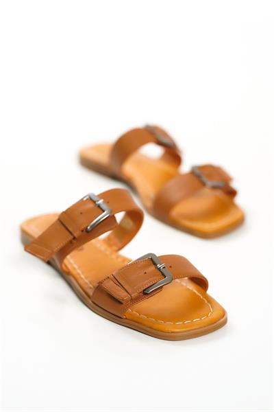 Mubiano Hakiki Deri 2027-TB Çift Bantlı Kadın Taba Sandalet & Terlik