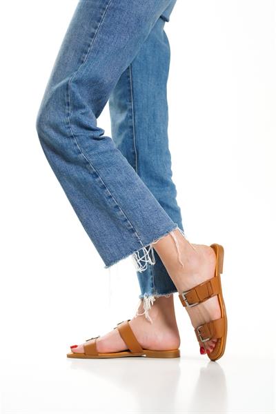 Mubiano Hakiki Deri 2027-TB Çift Bantlı Kadın Taba Sandalet & Terlik