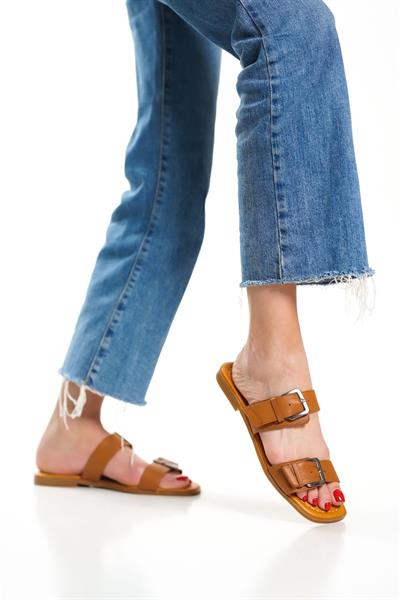 Mubiano Hakiki Deri 2027-TB Çift Bantlı Kadın Taba Sandalet & Terlik