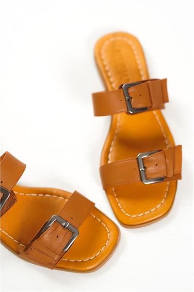 Mubiano Hakiki Deri 2027-TB Çift Bantlı Kadın Taba Sandalet & Terlik