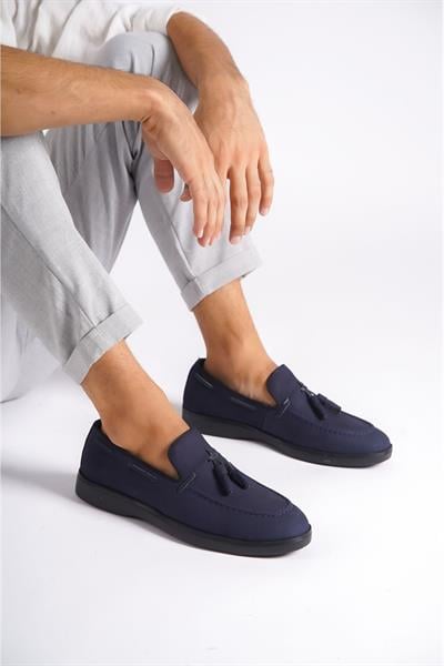 Mubiano Hakiki Deri 22107T-LCV Nubuk Lacivert İnce Taban Püsküllü Erkek Loafer & Günlük Ayakkabı