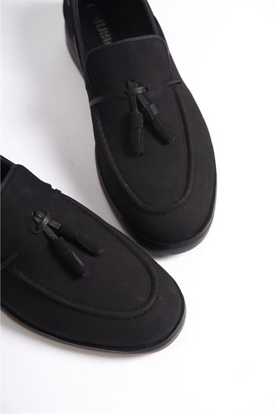 Mubiano Hakiki Deri 22107T-S Nubuk Siyah ince Taban Püsküllü Erkek Loafer & Günlük Ayakkabı