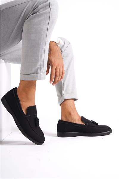 Mubiano Hakiki Deri 22107T-S Nubuk Siyah ince Taban Püsküllü Erkek Loafer & Günlük Ayakkabı