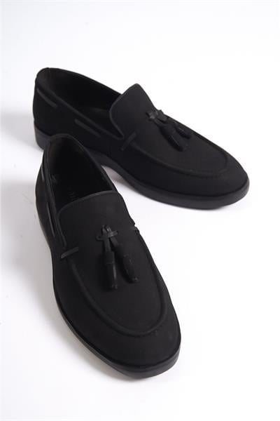 Mubiano Hakiki Deri 22107T-S Nubuk Siyah ince Taban Püsküllü Erkek Loafer & Günlük Ayakkabı