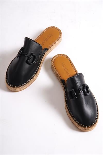 Mubiano Hakiki Deri 23084-S Siyah Toka Detay Kadın Espadril Sandalet & Terlik