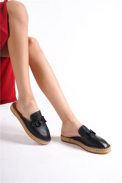 Mubiano Hakiki Deri 23084-S Siyah Toka Detay Kadın Espadril Sandalet & Terlik