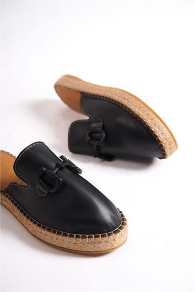 Mubiano Hakiki Deri 23084-S Siyah Toka Detay Kadın Espadril Sandalet & Terlik
