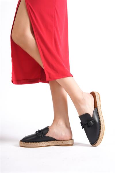 Mubiano Hakiki Deri 23084-S Siyah Toka Detay Kadın Espadril Sandalet & Terlik
