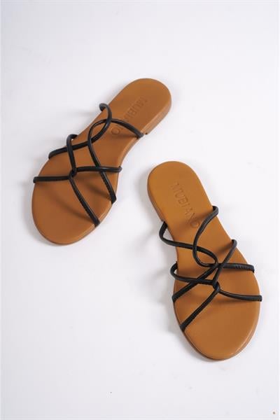 Mubiano Hakiki Deri 23603-S Kadın Siyah Sandalet & Terlik